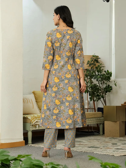 Grey Floral Print Aline Kurta Trouser Dupatta Set