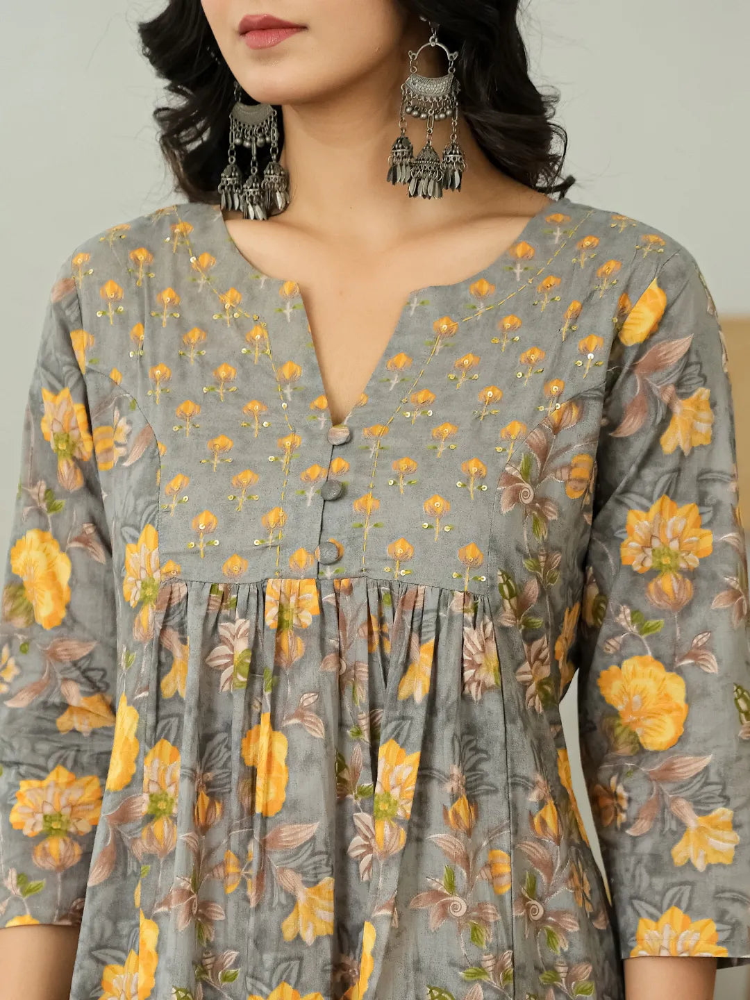 Grey Floral Print Aline Kurta Trouser Dupatta Set