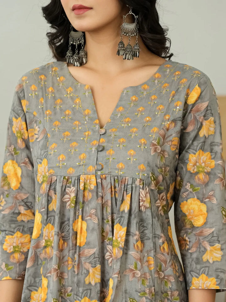 Grey Floral Print Aline Kurta Trouser Dupatta Set