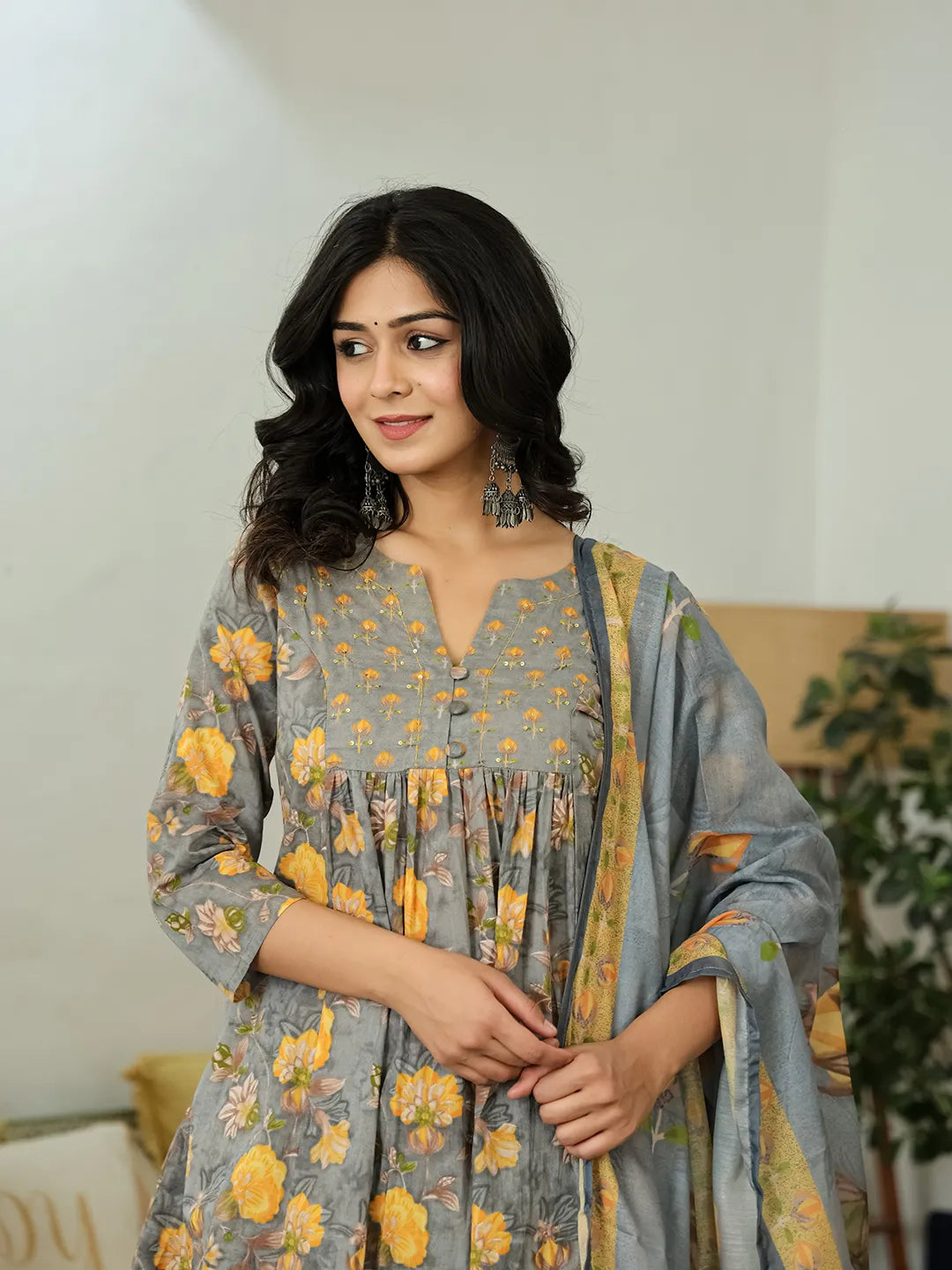 Grey Floral Print Aline Kurta Trouser Dupatta Set