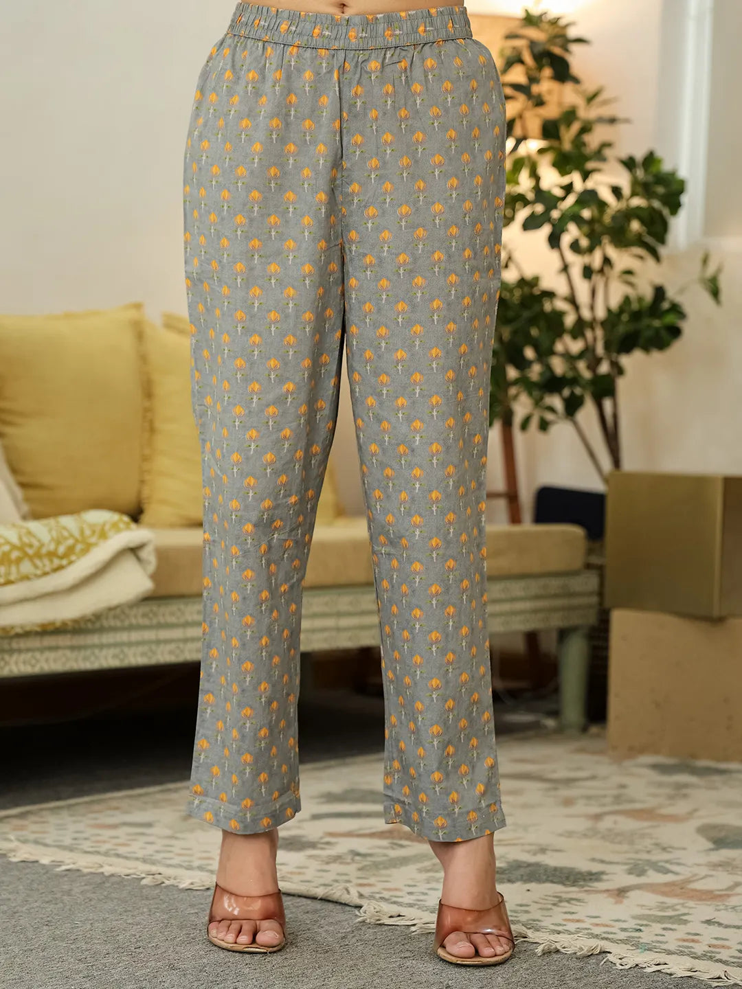 Grey Floral Print Aline Kurta Trouser Dupatta Set