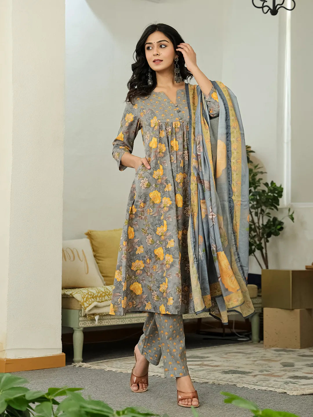 Grey Floral Print Aline Kurta Trouser Dupatta Set