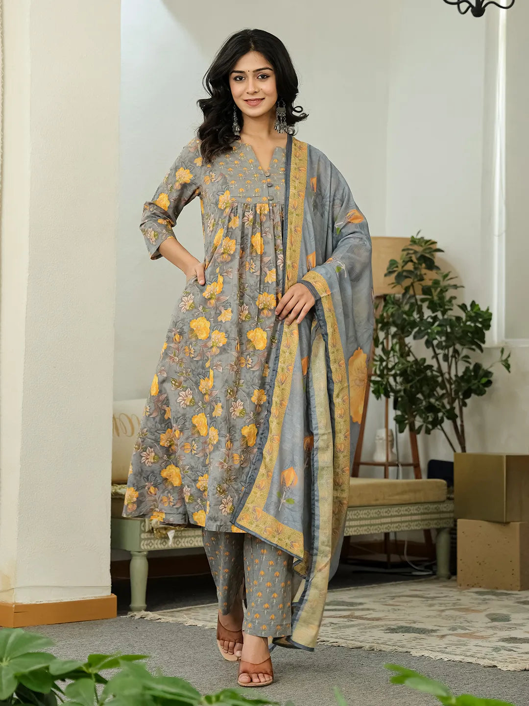 Grey Floral Print Aline Kurta Trouser Dupatta Set