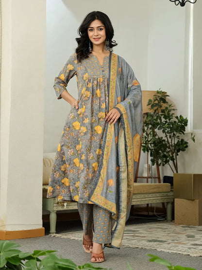 Grey Floral Print Aline Kurta Trouser Dupatta Set