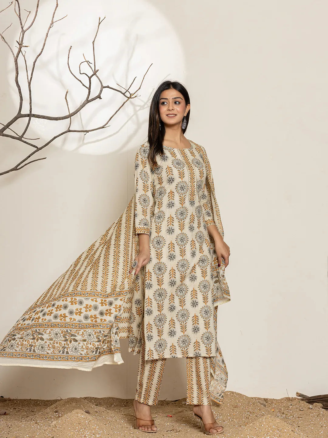 Grey Floral Print Cotton Straight Kurta Dupatta Set