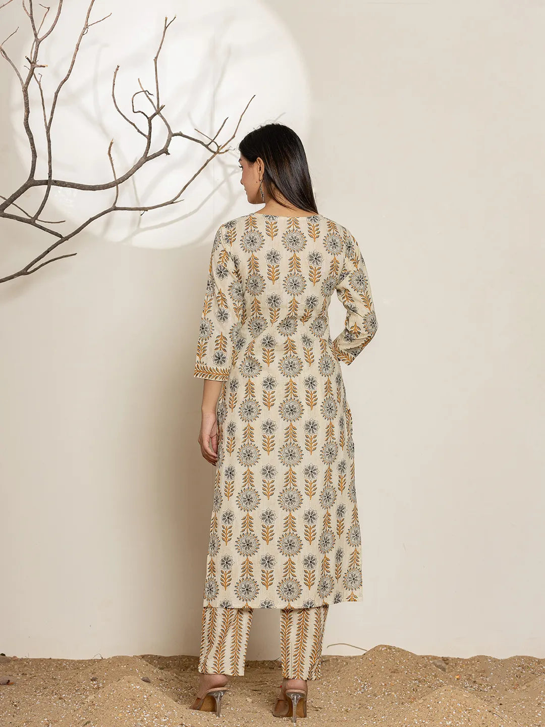 Grey Floral Print Cotton Straight Kurta Dupatta Set