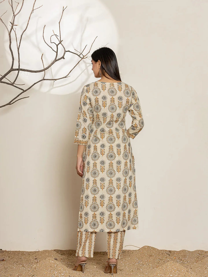 Grey Floral Print Cotton Straight Kurta Dupatta Set