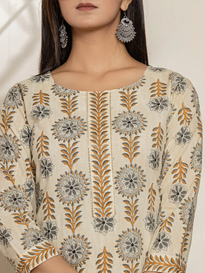Grey Floral Print Cotton Straight Kurta Dupatta Set