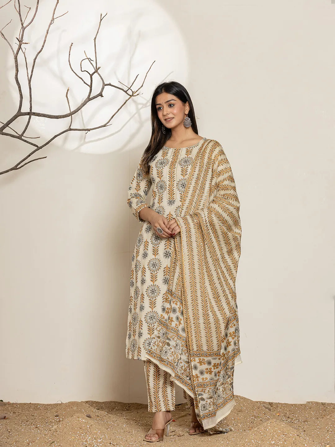 Grey Floral Print Cotton Straight Kurta Dupatta Set