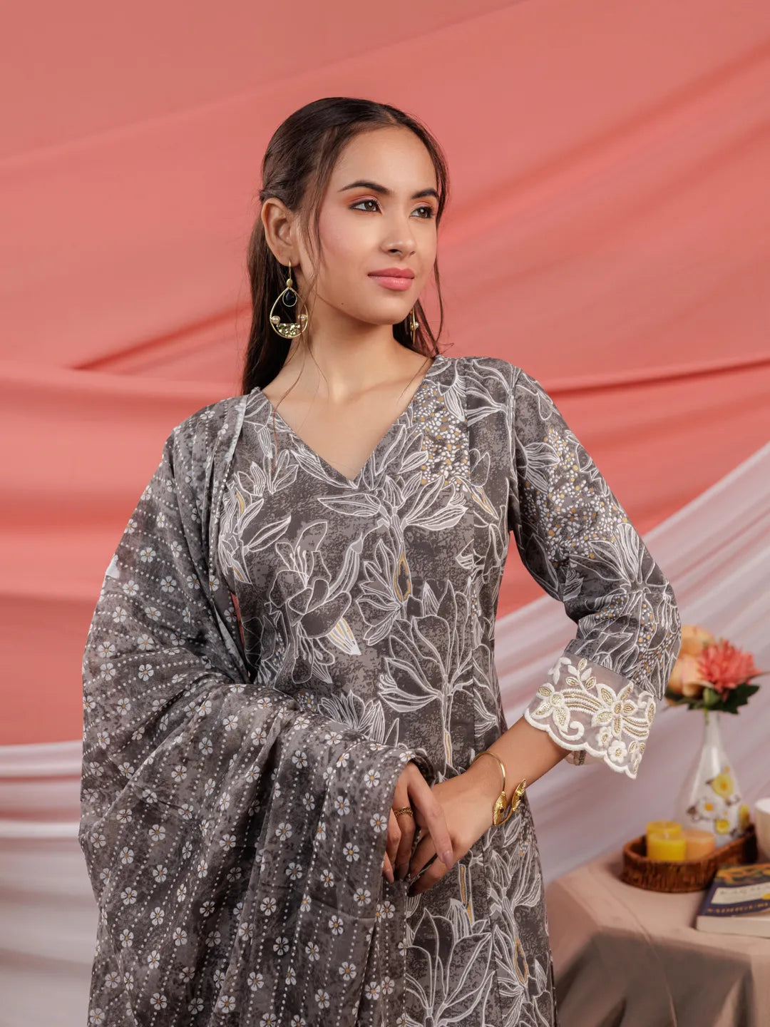Grey Floral Print Cotton Straight Kurta Trouser Dupatta Set