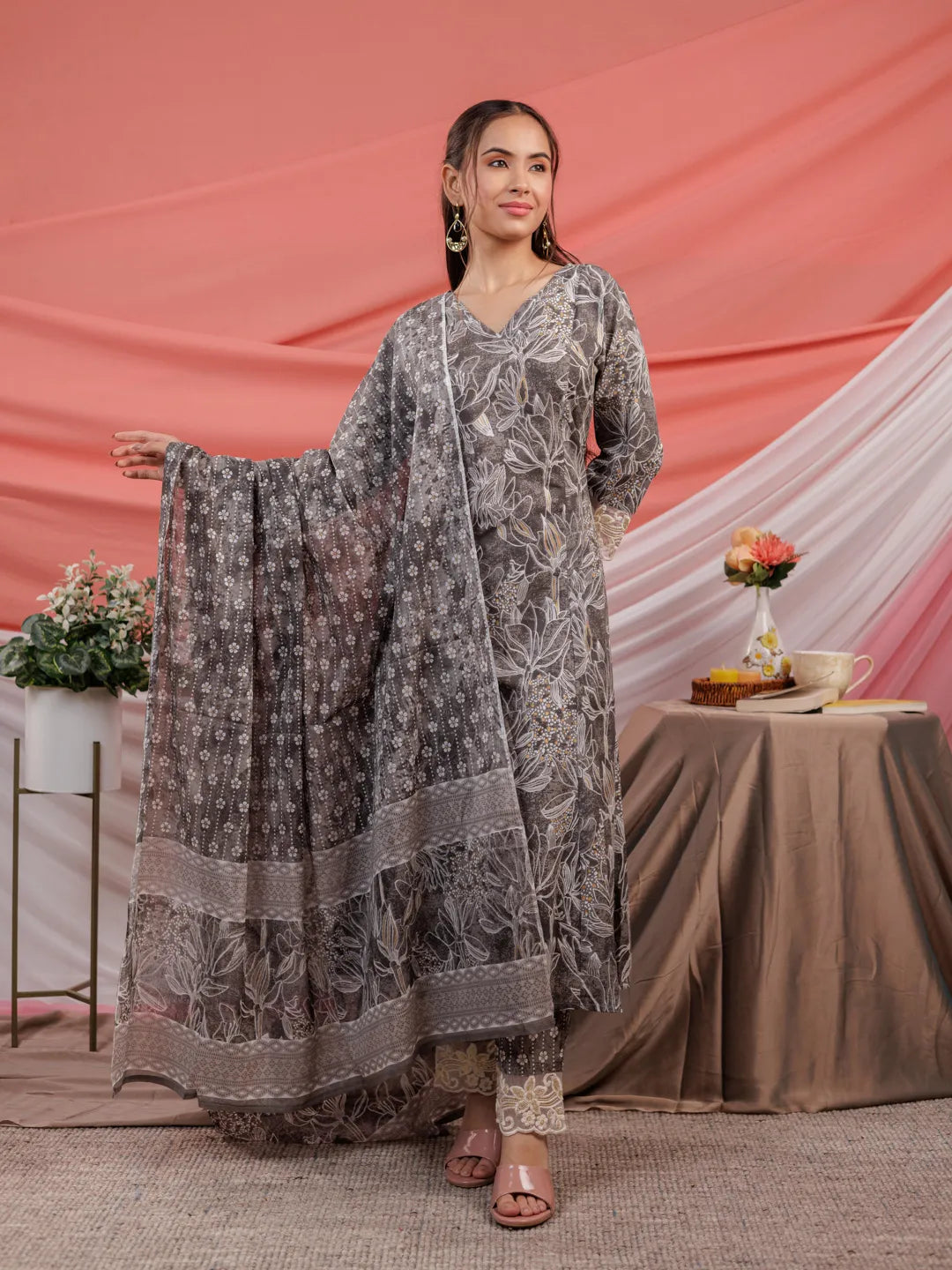 Grey Floral Print Cotton Straight Kurta Trouser Dupatta Set