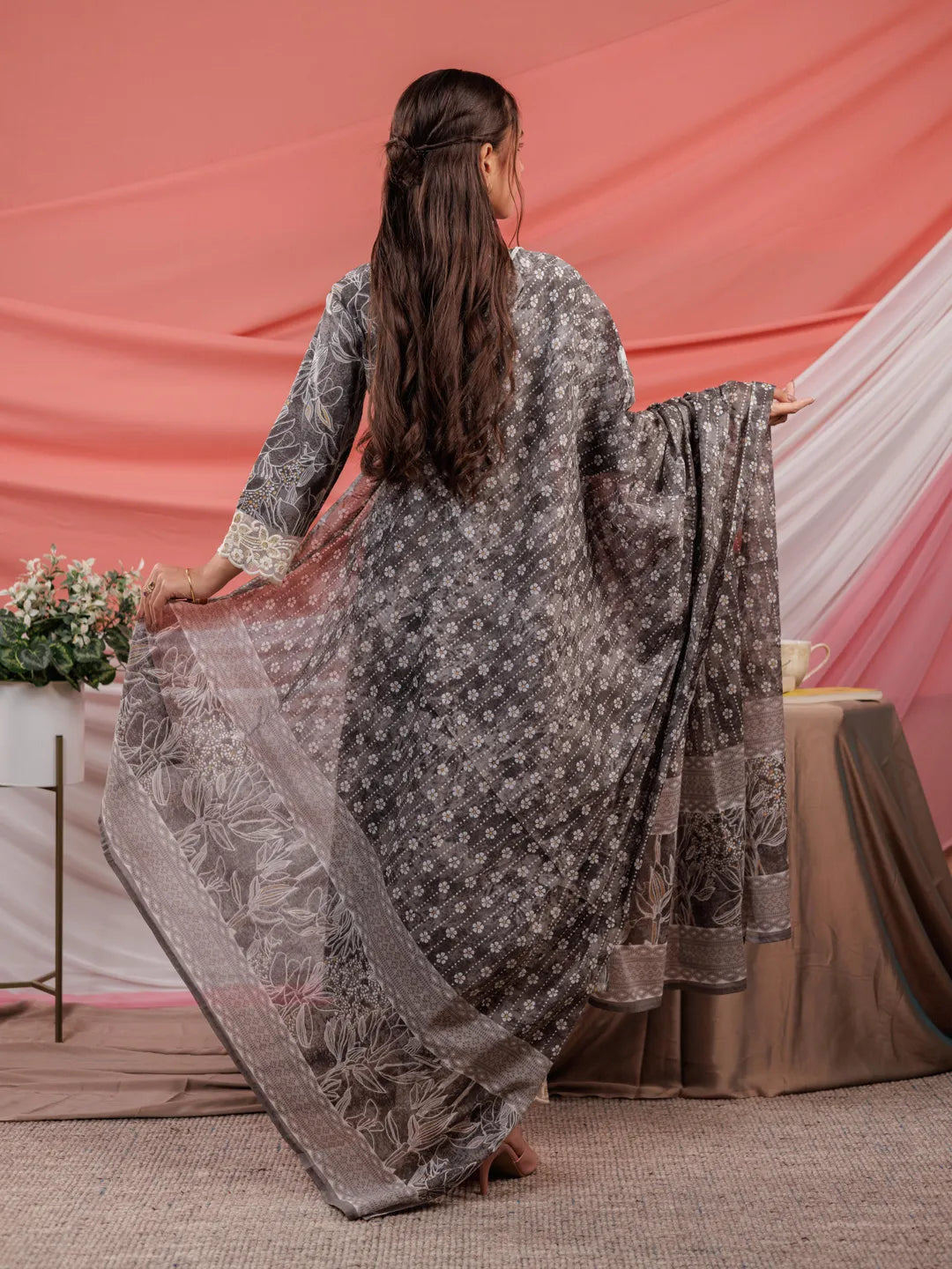 Grey Floral Print Cotton Straight Kurta Trouser Dupatta Set