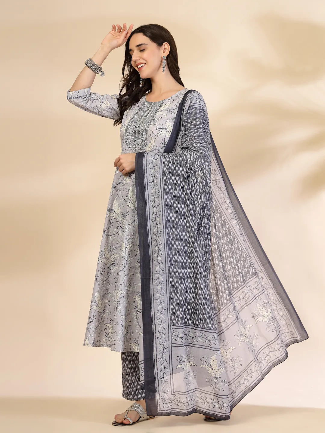 Grey Pure Cotton Anarkali Dupatta Pant Set