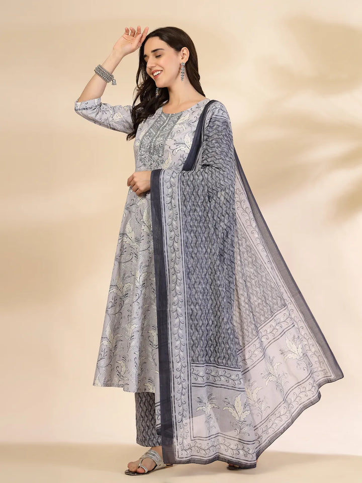 Grey Pure Cotton Anarkali Dupatta Pant Set