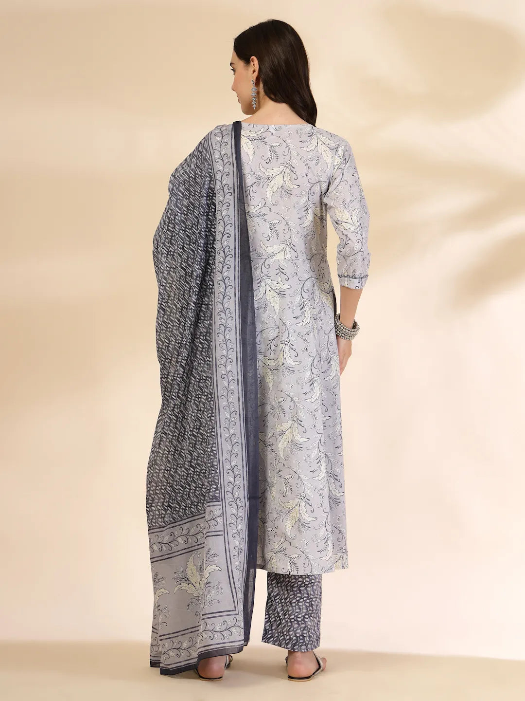 Grey Pure Cotton Anarkali Dupatta Pant Set