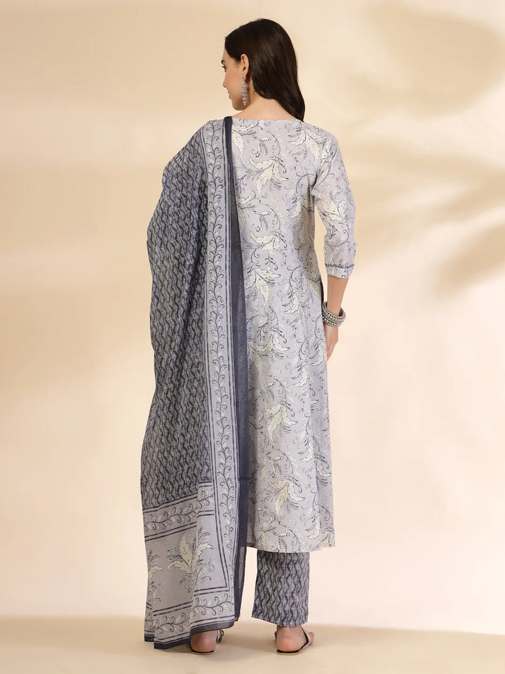Grey Pure Cotton Anarkali Dupatta Pant Set