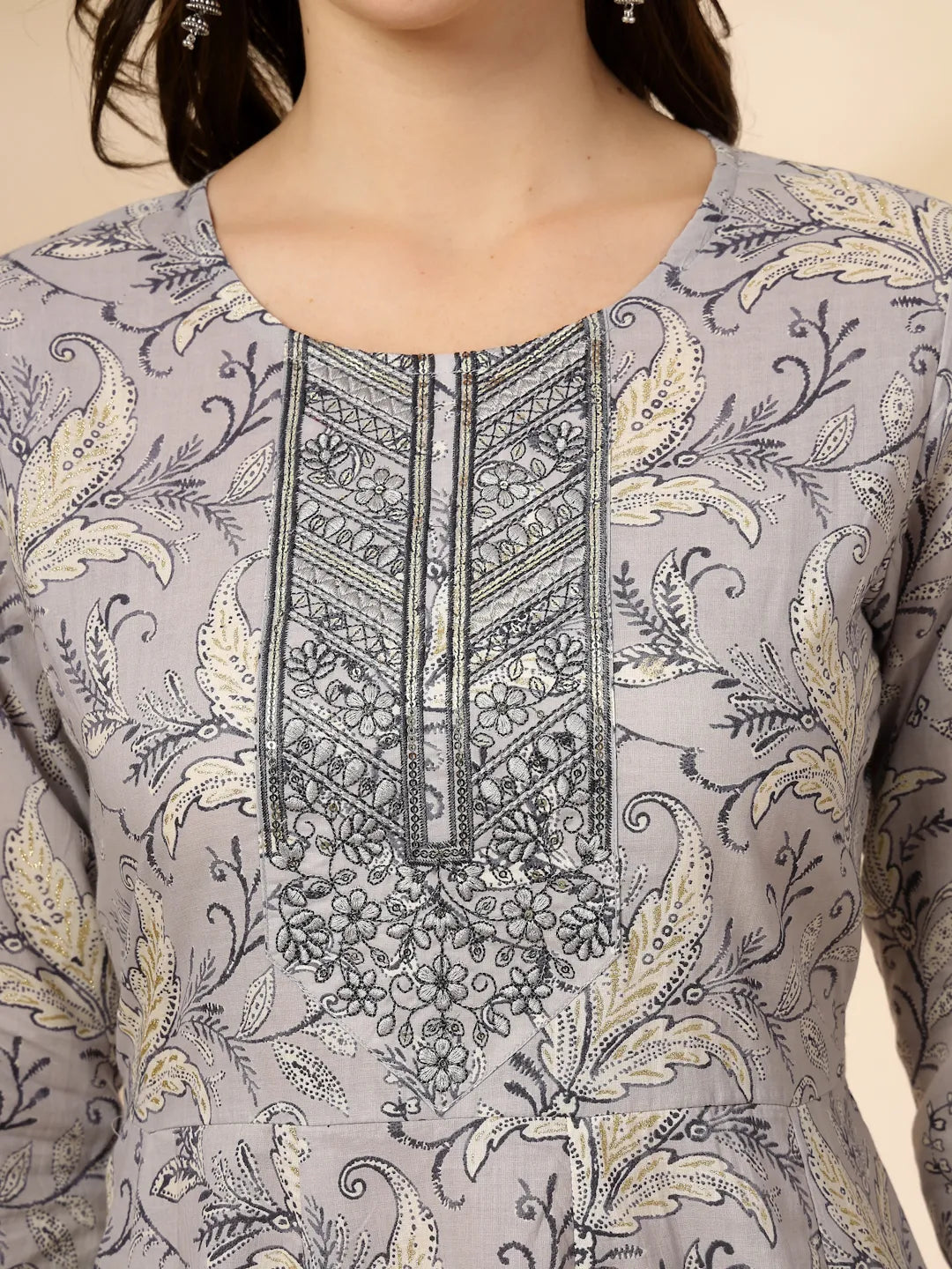 Grey Pure Cotton Anarkali Dupatta Pant Set