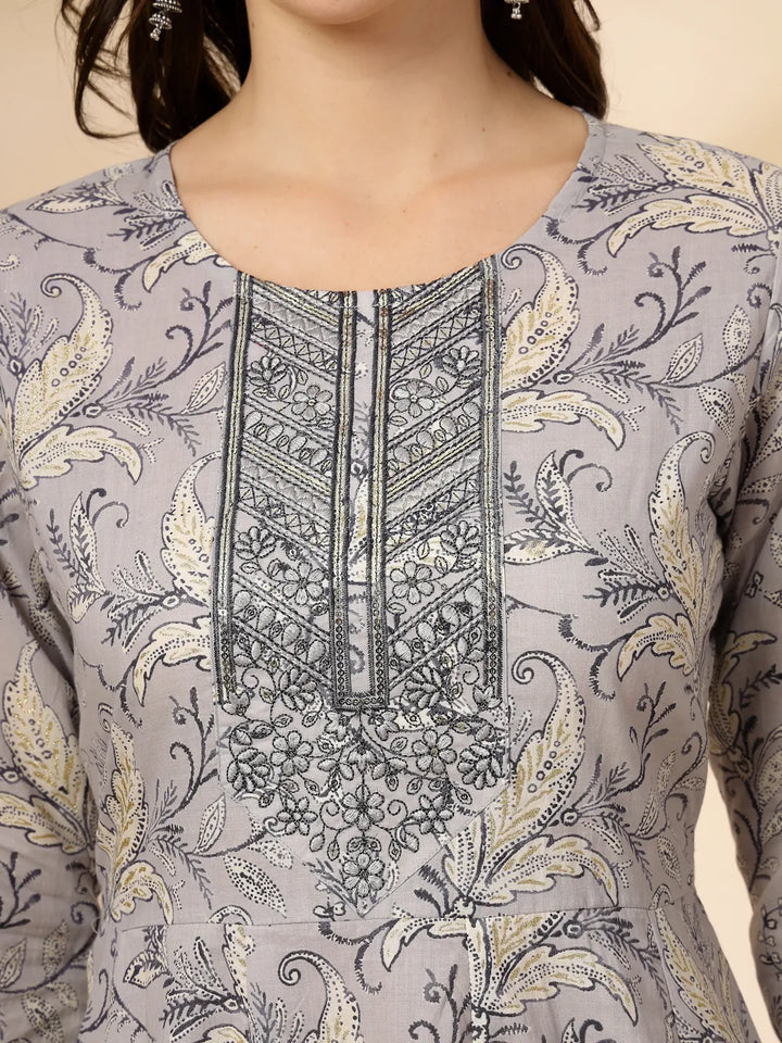 Grey Pure Cotton Anarkali Dupatta Pant Set