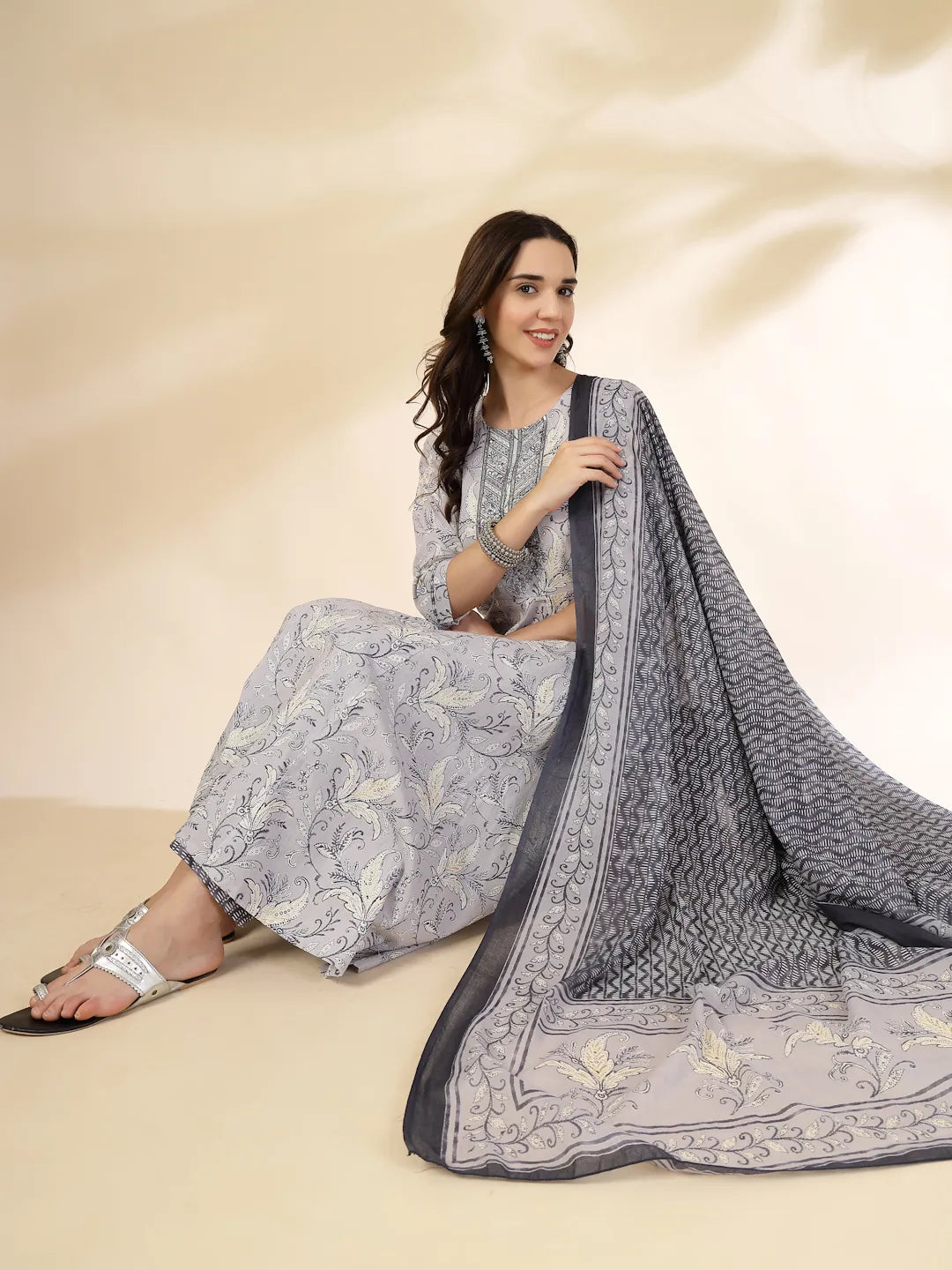 Grey Pure Cotton Anarkali Dupatta Pant Set