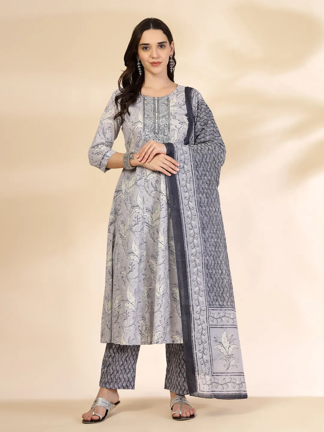 Grey Pure Cotton Anarkali Dupatta Pant Set