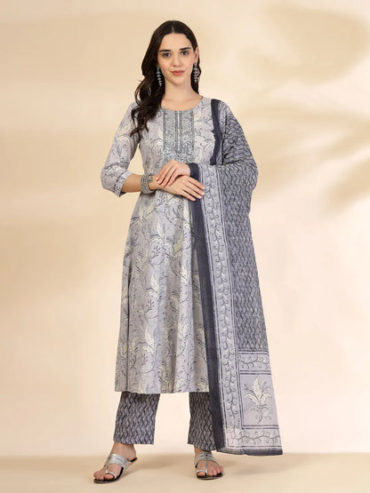 Grey Pure Cotton Anarkali Dupatta Pant Set