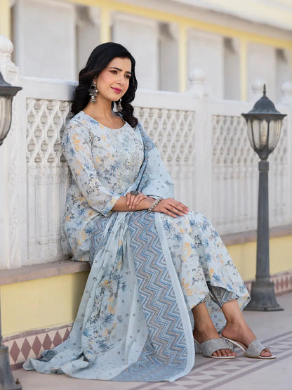 Grey Sequins Work Anarkali Kurta Trouser And Dupatta Set