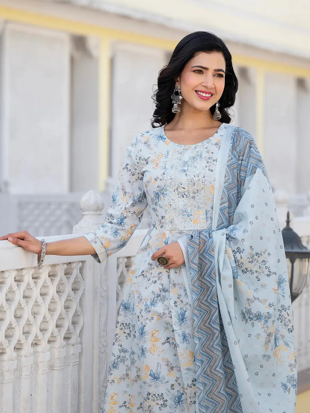 Grey Sequins Work Anarkali Kurta Trouser And Dupatta Set