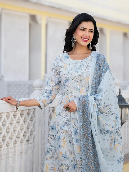 Grey Sequins Work Anarkali Kurta Trouser And Dupatta Set