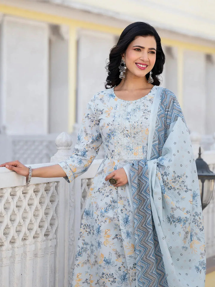 Grey Sequins Work Anarkali Kurta Trouser And Dupatta Set