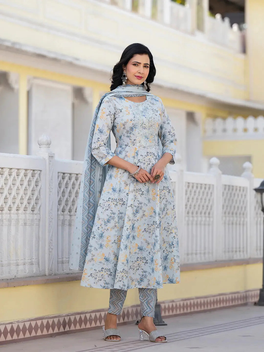 Grey Sequins Work Anarkali Kurta Trouser And Dupatta Set