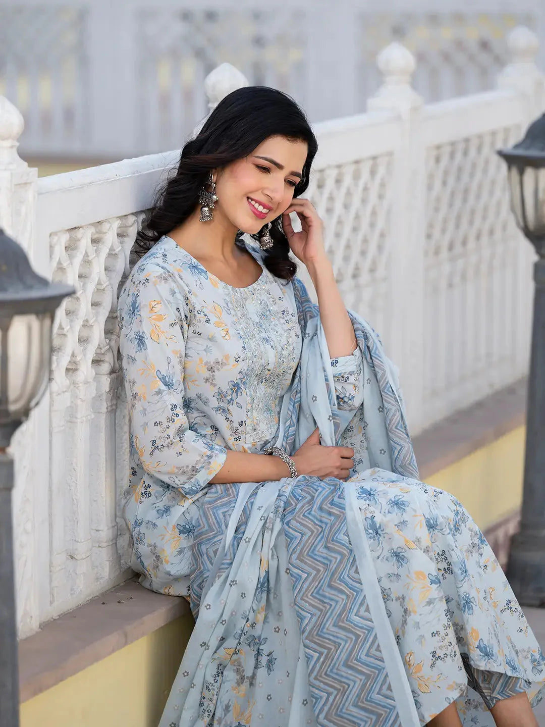 Grey Sequins Work Anarkali Kurta Trouser And Dupatta Set