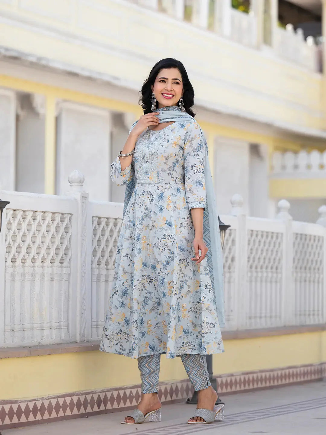 Grey Sequins Work Anarkali Kurta Trouser And Dupatta Set