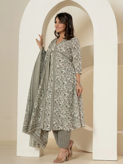 Grey Sequins Work Pure Cotton Anarkali Kurta And Dupatta Set