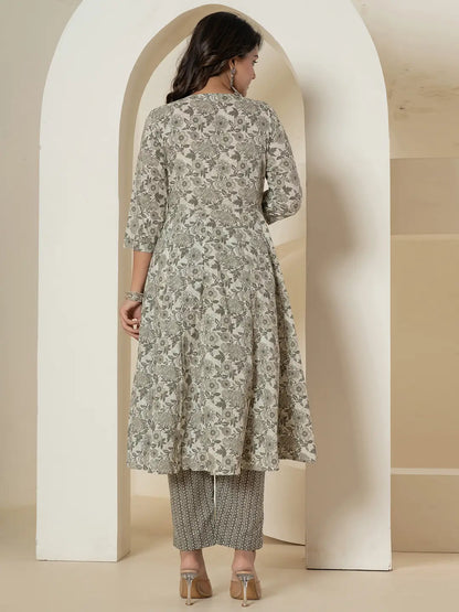 Grey Sequins Work Pure Cotton Anarkali Kurta And Dupatta Set