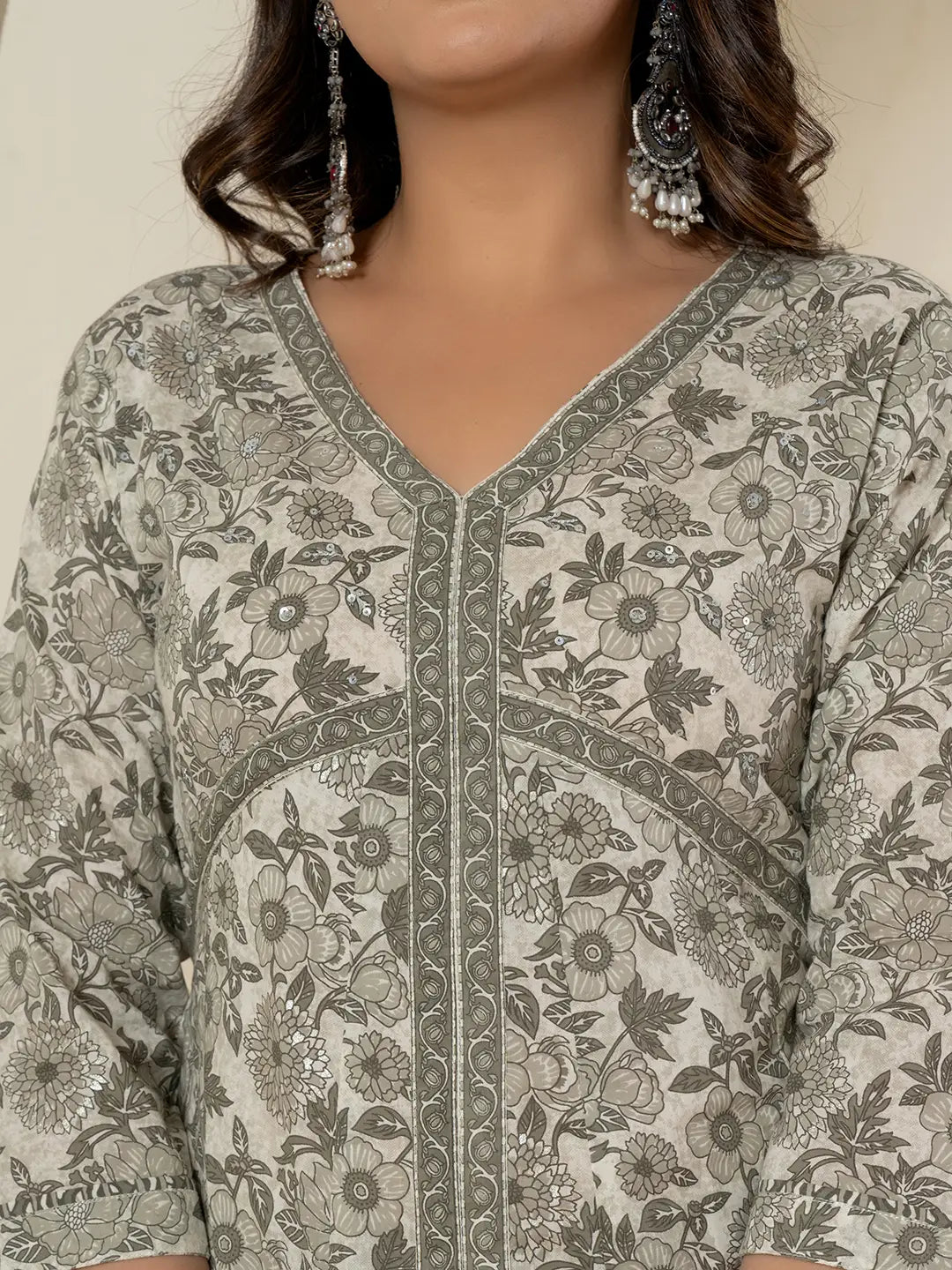 Grey Sequins Work Pure Cotton Anarkali Kurta And Dupatta Set