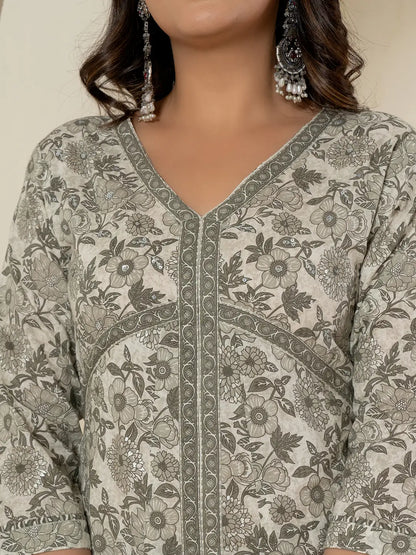 Grey Sequins Work Pure Cotton Anarkali Kurta And Dupatta Set