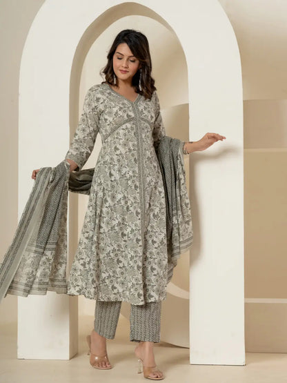 Grey Sequins Work Pure Cotton Anarkali Kurta And Dupatta Set