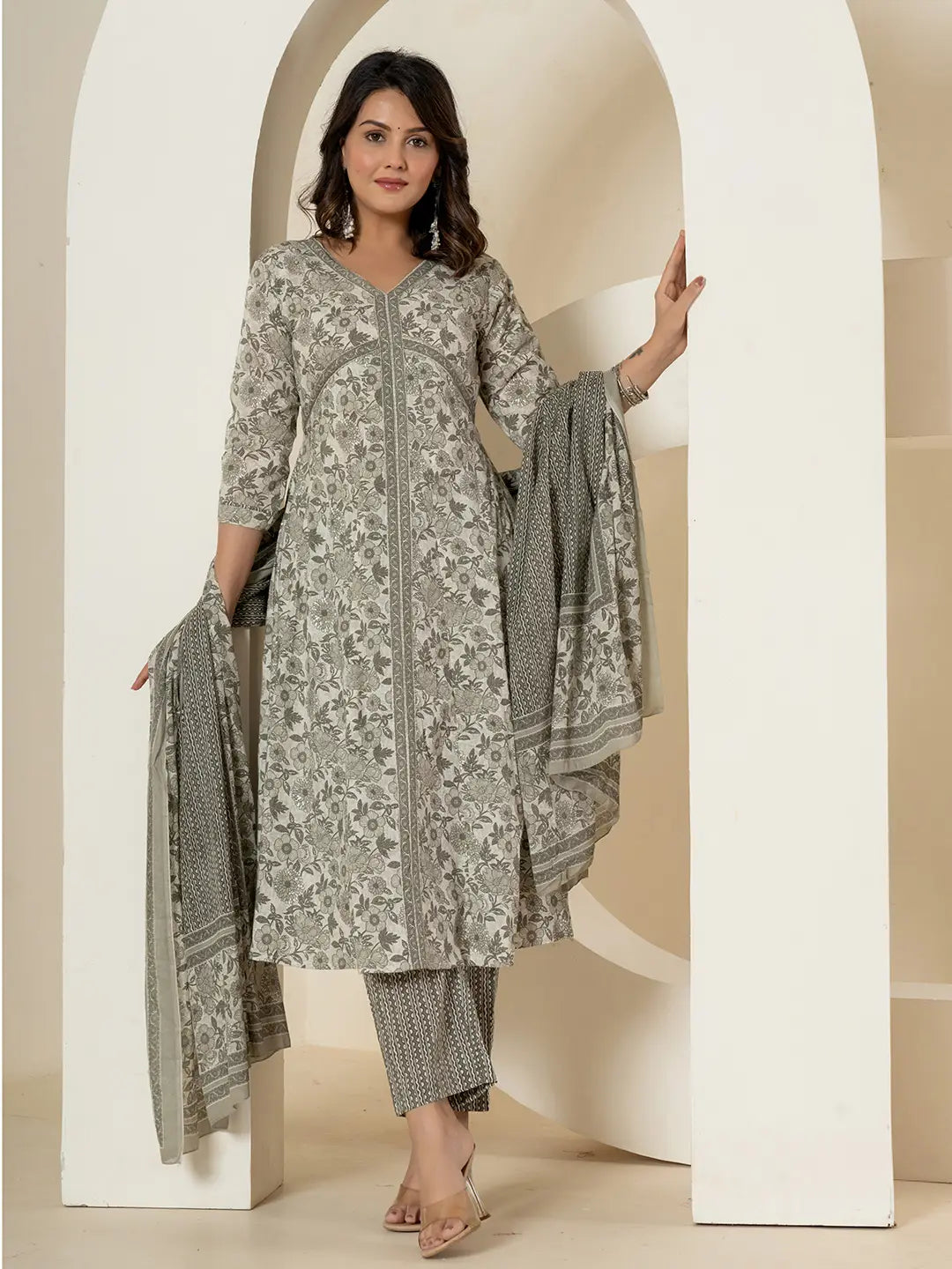 Grey Sequins Work Pure Cotton Anarkali Kurta And Dupatta Set