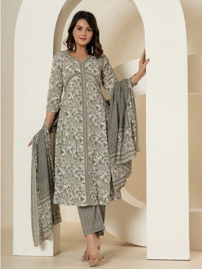 Grey Sequins Work Pure Cotton Anarkali Kurta And Dupatta Set