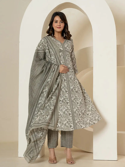 Grey Sequins Work Pure Cotton Anarkali Kurta And Dupatta Set