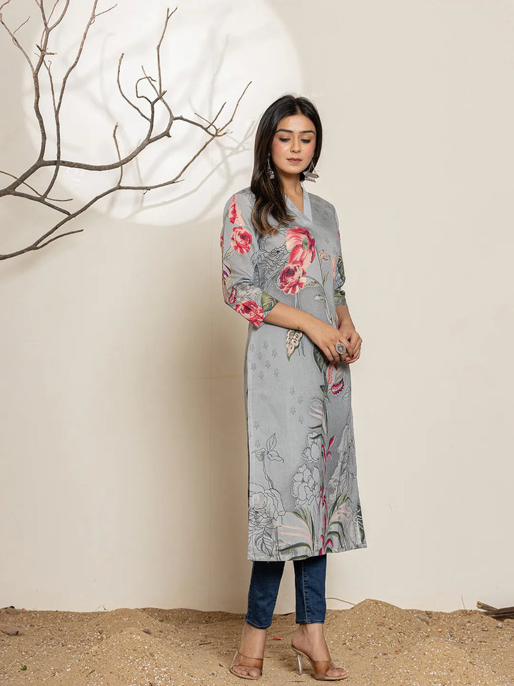 Grey Silk Blend Digital Floral Print Kurta