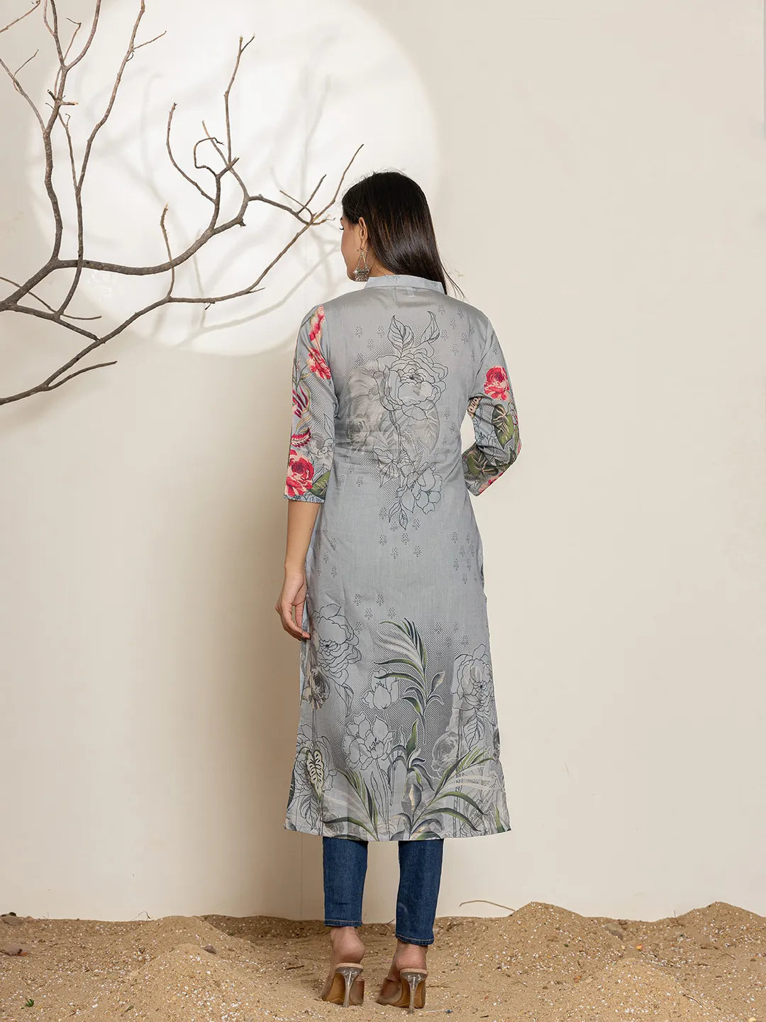 Grey Silk Blend Digital Floral Print Kurta