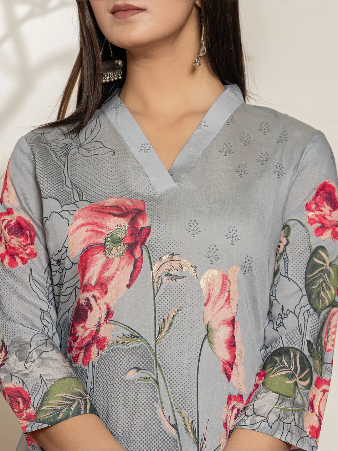 Grey Silk Blend Digital Floral Print Kurta