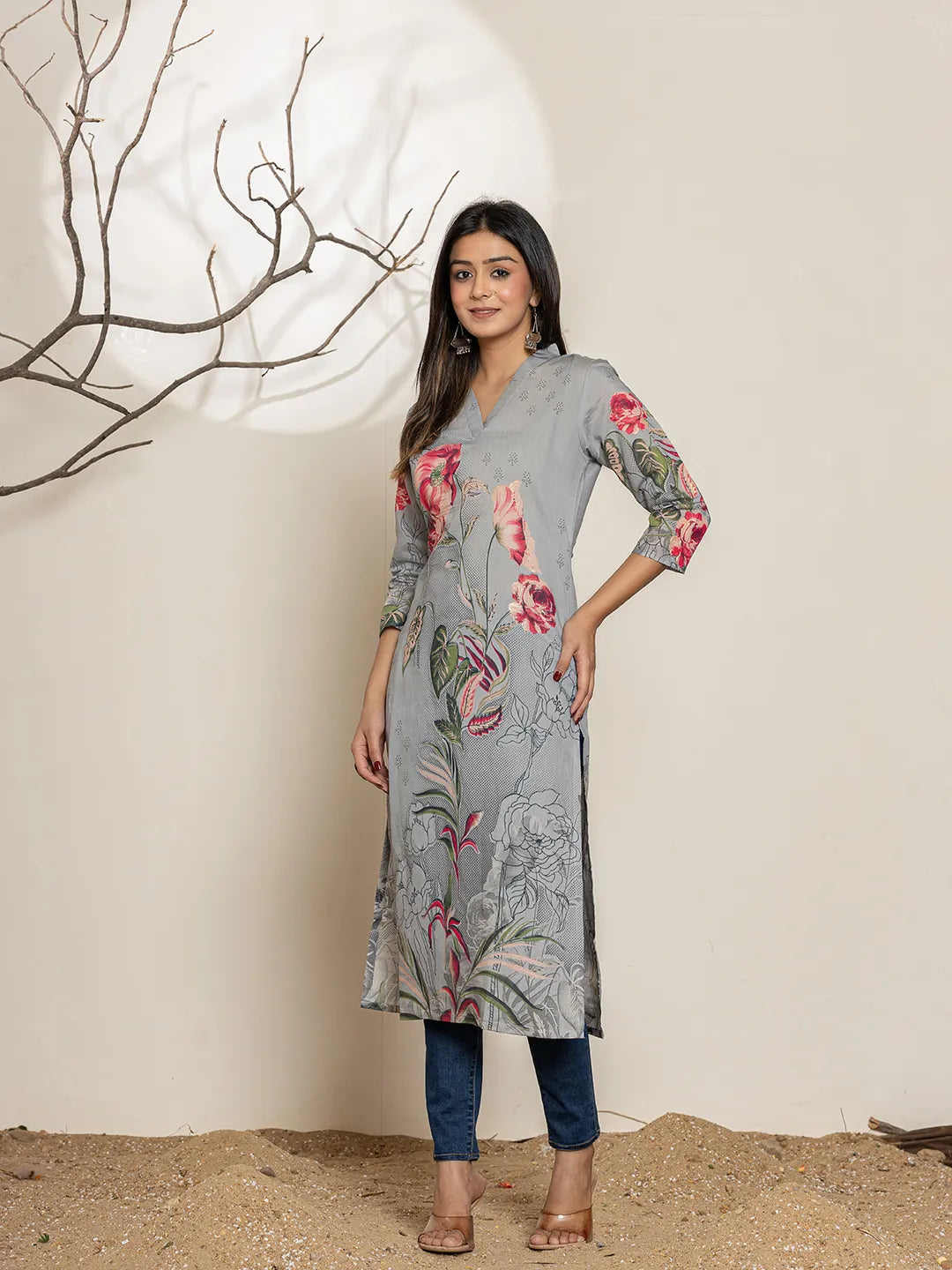 Grey Silk Blend Digital Floral Print Kurta