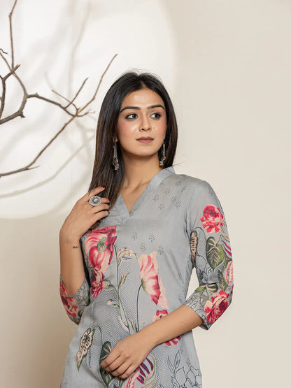 Grey Silk Blend Digital Floral Print Kurta