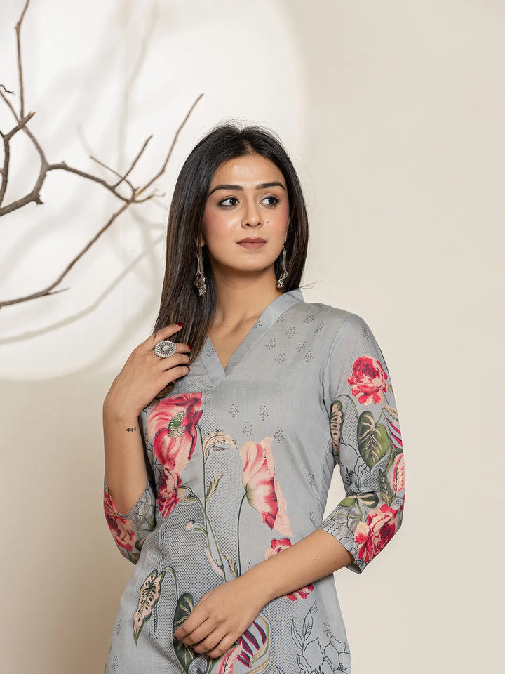 Grey Silk Blend Digital Floral Print Kurta