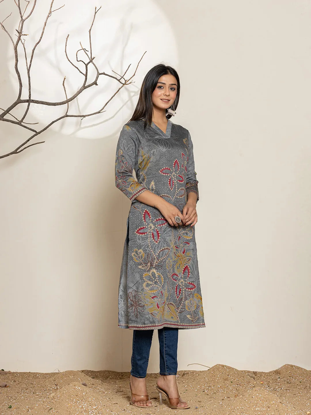 Grey Silk Blend Digital Print Kurta