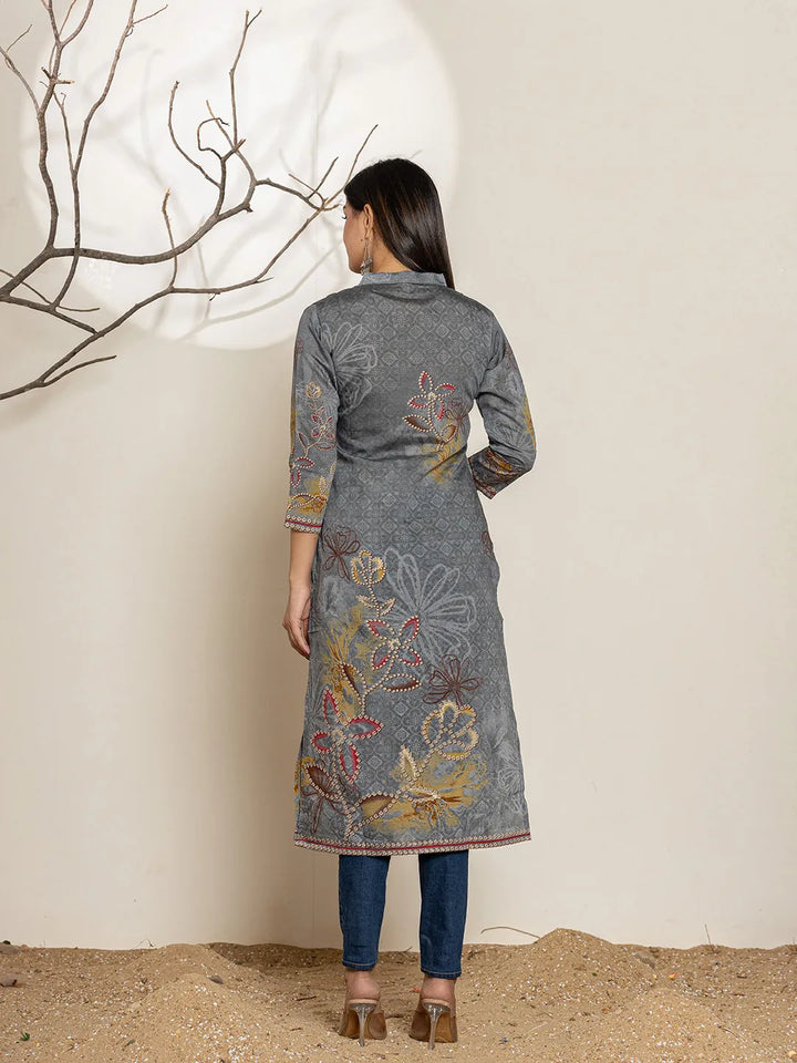 Grey Silk Blend Digital Print Kurta