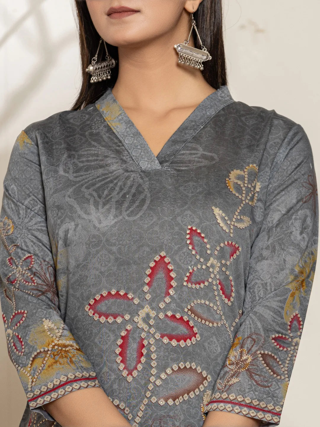 Grey Silk Blend Digital Print Kurta