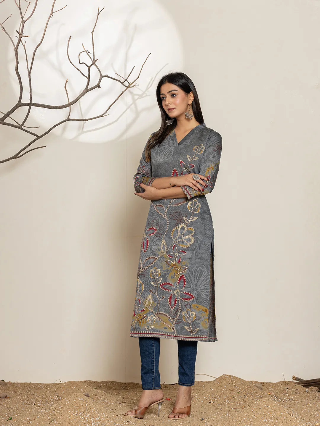 Grey Silk Blend Digital Print Kurta